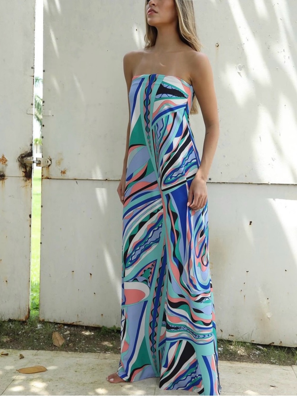 Strapless Maxi Dress with Blue, Green & Pink Abstract Print